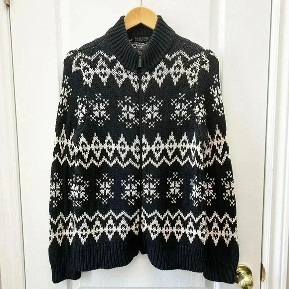 New York & Co Cardigan Ramie Cotton Knit Zip Front Sweater Black Beige Medium - Picture 3 of 14